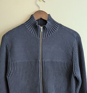American Eagle Mens Large L Full Zip Ribbed Knit Cardigan Sweater Blue Mock AE